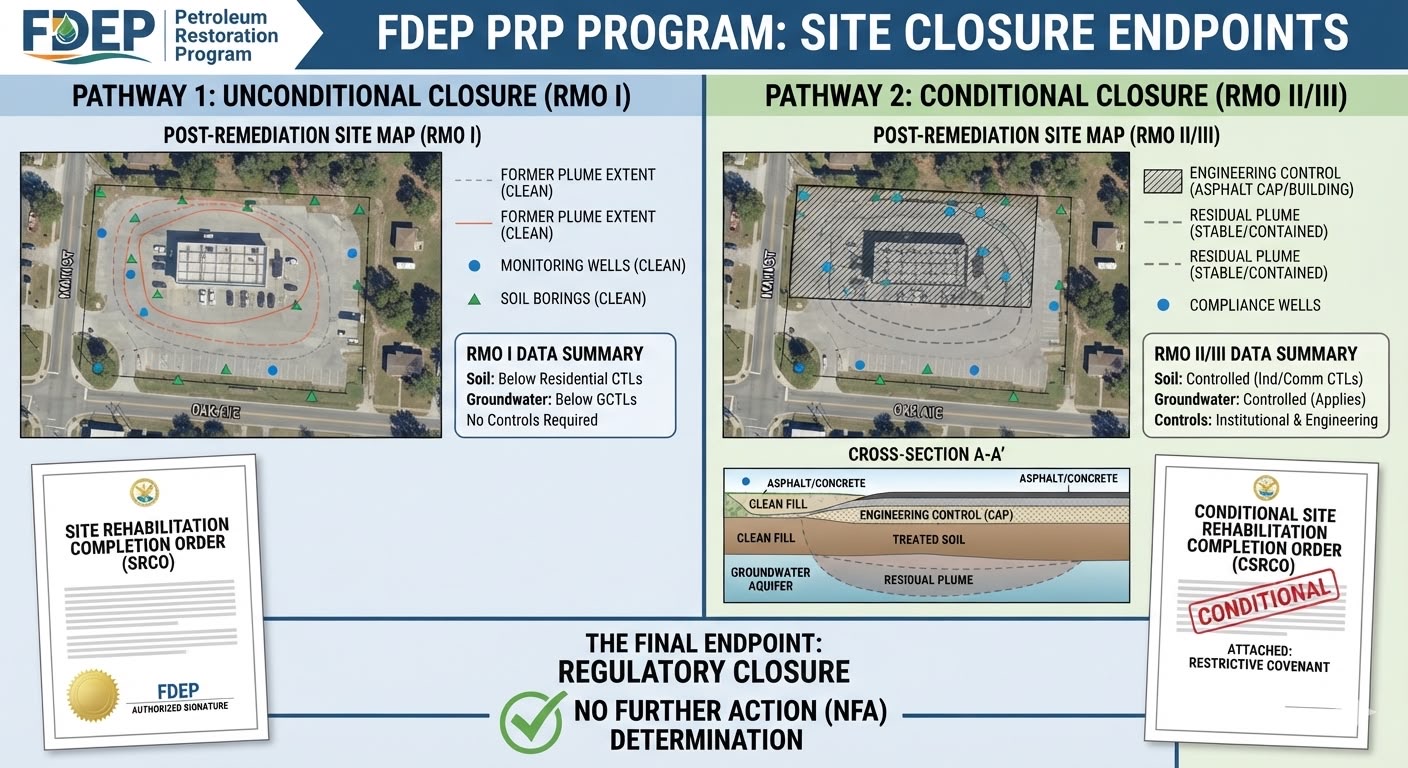 FDEP PRP Program: Site Closure Endpoints &mdash; unconditional (RMO I) and conditional (RMO II/III) closure pathways leading to a No Further Action determination